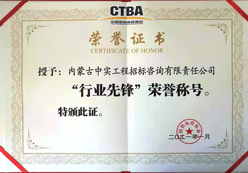 中國(guó)招標(biāo)投標(biāo)協(xié)會(huì)“行業(yè)先鋒”榮譽(yù)證書(shū)