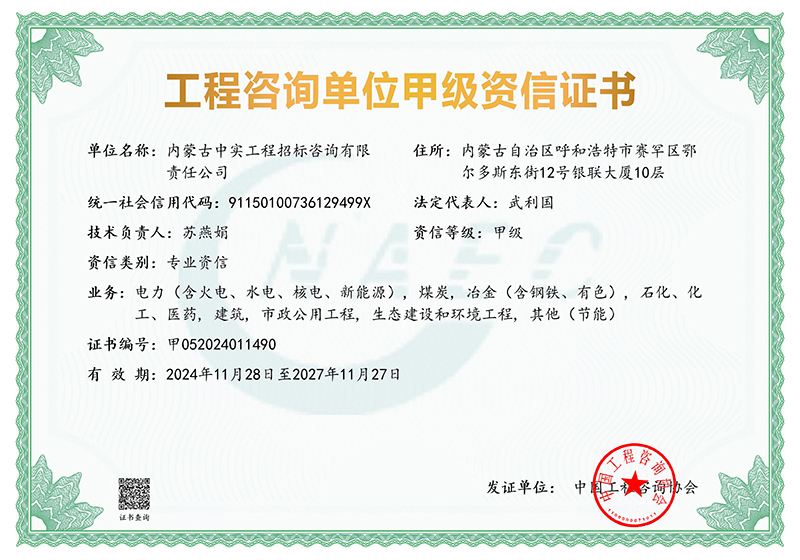 工程咨詢(xún)單位甲級(jí)專(zhuān)業(yè)資信證書(shū)
